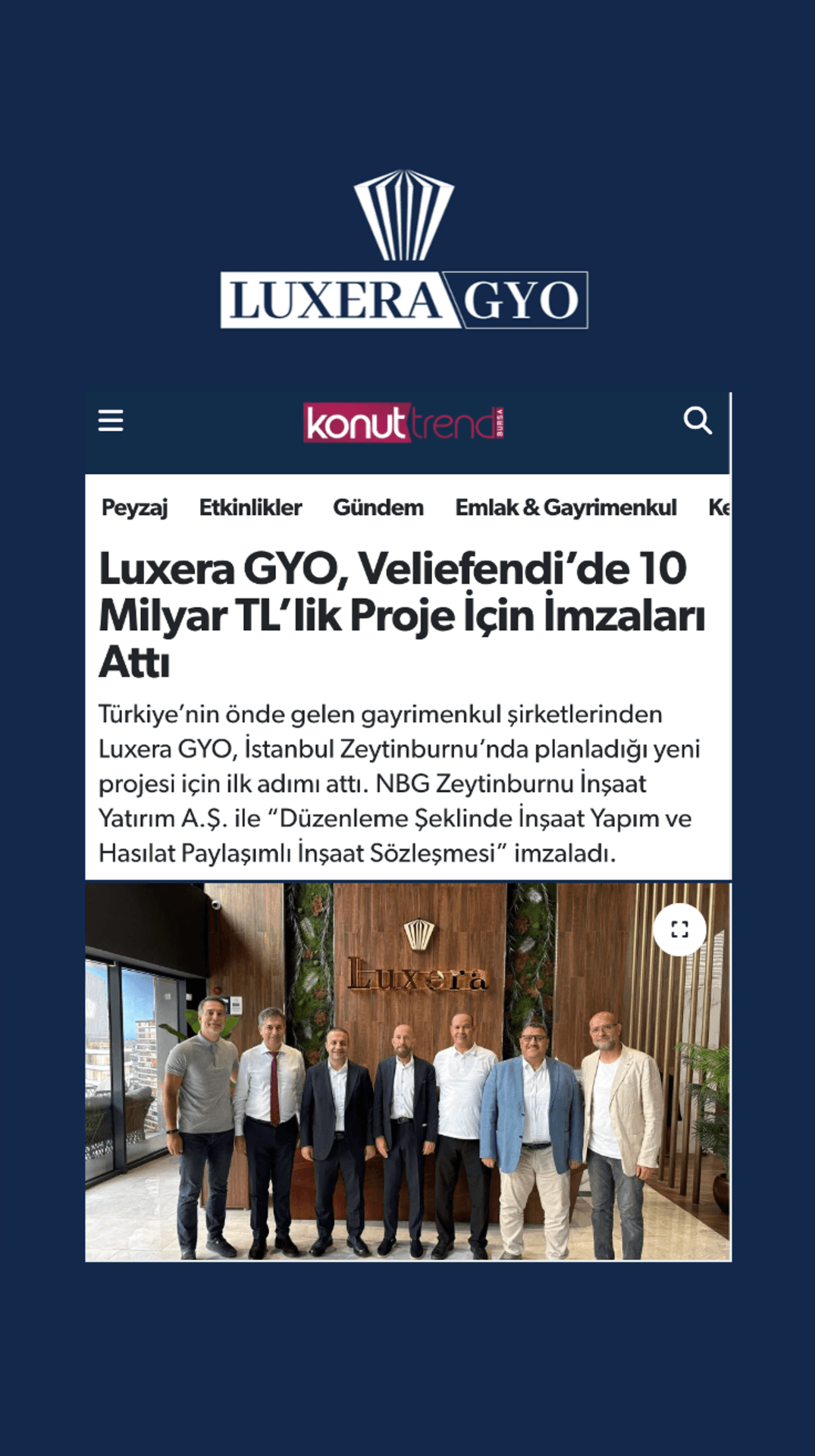 Luxera GYO, Veliefendi'de 10 Milyar TL'lik Proje Için Imzaları Attı