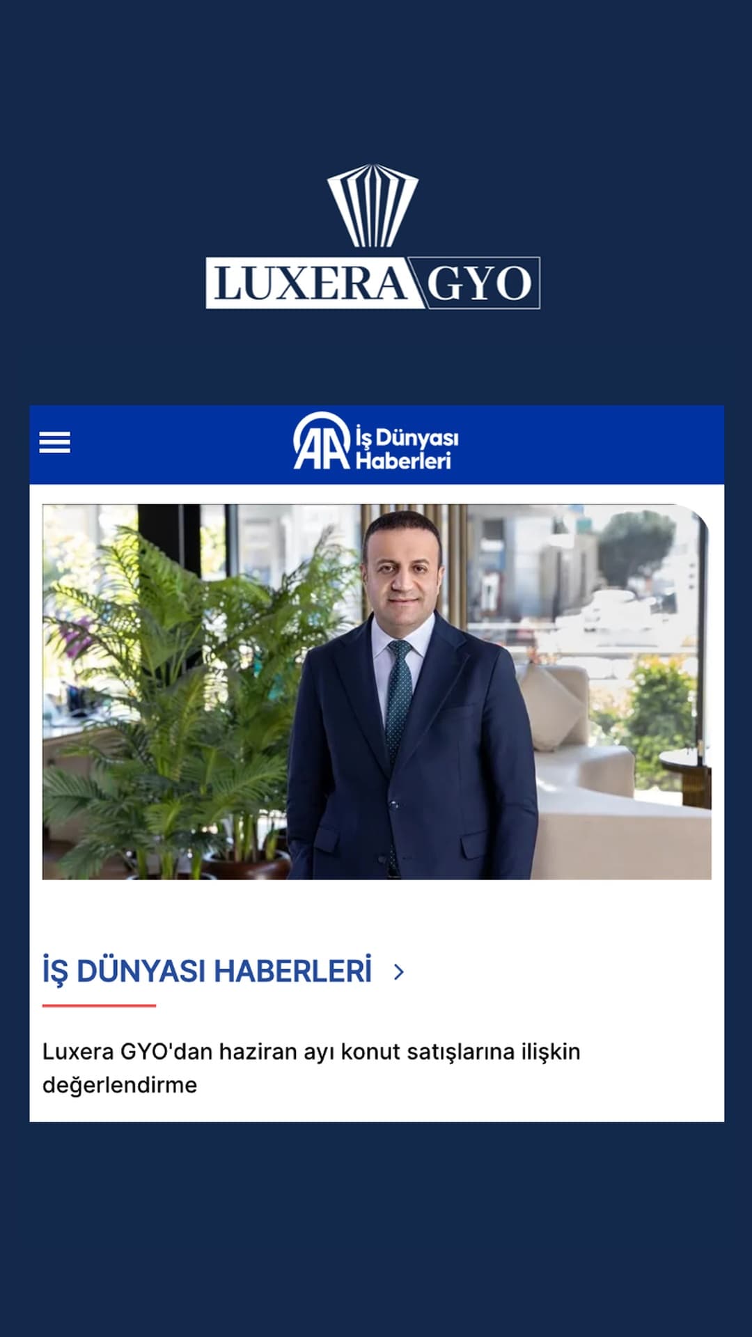 Luxera GYO'dan haziran ayı konut satışlarına ilişkin değerlendirme