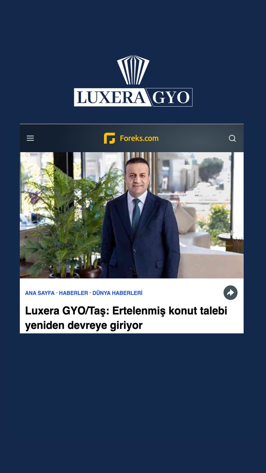 Luxera GYO/Taş: Ertelenmiş konut talebi yeniden devreye giriyor